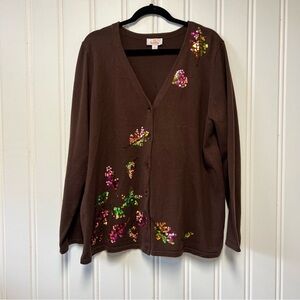 Quacker Factory Cardigan XL Brown Sequin Embellished Sweater Button Front Cute